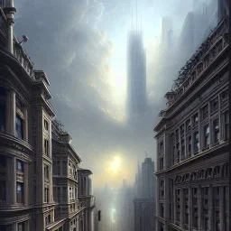 Skyline of city like every building is attached to another building , Beaux Arts architecture,interior design,medium long shot, point of perspective,by Jean Baptiste Monge, Epic cinematic, brilliant stunning, intricate, meticulously, detailed, dramatic atmospheric, maximalist digital matte painting