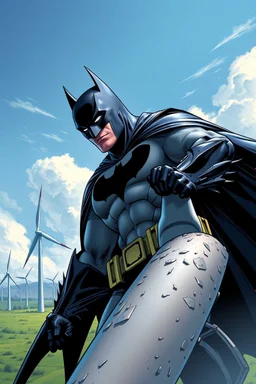 dc comics cover, giant batman holding an entire wind turbine, wind farm in the background, very high quality, highly detailed, 4k