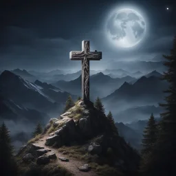 Hyper Realistic Cross on a mountain top at night with moonlight & trees on mountain