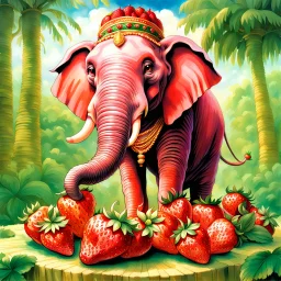 fantasy 90's tcg art of strawberry elephant with an indian background