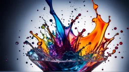 Splash! Multicoloured ink drops diffusing gently into a glass vessel full of water, amazing detail, beautiful composition, award-winning photograph, astonishing realism, 35mm lens, adjust perspective