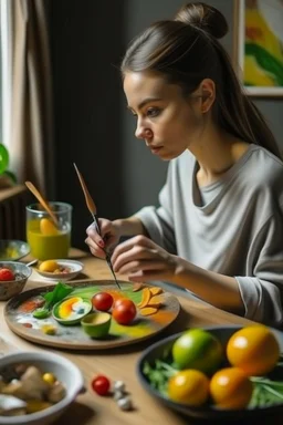 Perempuan lukis makanan di kanvas rumah