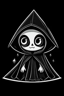 chibi skeleton in a black hooded cloak drawn in a retro mascot cartoon style, inside a light diamond shape on a black background, monochromatic