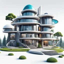 Modern futuristic houses in cartoon Pixar style on white background, png, high resolution, highly detailed texture. By drone