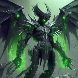 demonio de armadura negra y verde con alas, usando computadoras futuristas