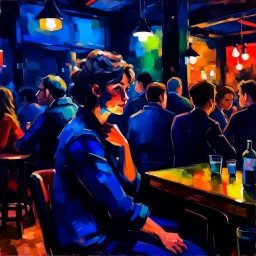 a single figure in a crowded bar at night, young people, dark colors, impressionist style