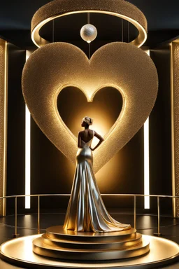 A magnificent golden and silver heart-shaped sign adorned with a stunning golden sphere encrusted with sparkling diamond clusters at its center, elegantly spinning in position,a girl golden statue standing pose