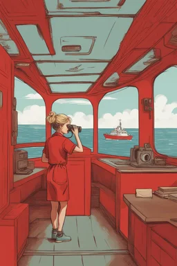 23 years old girl, with blond hair and a messy bun. standing on in a red boat, wearing red clothes and looking trough binoculars watching something in the middle of the sea. You see the whole boat. You see the gril in front. It's a ferry. Wes anderson style