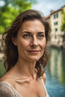 Create a realistic photograph of a small Italian town at Como Lake in late spring with a portrait of a 40-year-old, beauty, slim Polish woman with brown hair. Use a portrait lens with bokeh and a Fuji T30 camera.