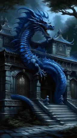 A dark blue palace with a dragon guarding it painted by Zosan