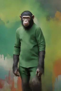 Roddy McDowall as Cornelius the chimpanzee from Planet of the Apes wearing a thick green cotton tunic and trousers - extremely colorful, multicolored paint splattered wall in the background, oil painting by Leonardo da Vinci