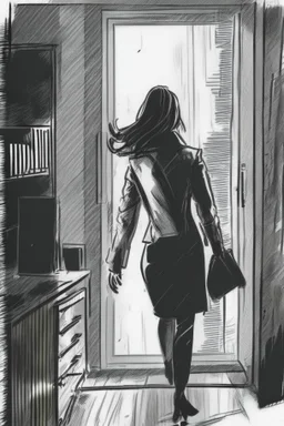 woman walking away out of someone's office with big windows sketch style