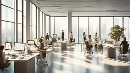Certainly, here is a more detailed description of the ideal image for the article about "Successful Recruitment Strategies in the Business World" in English: The image features a well-lit, modern office space with large windows that provide ample natural light. The room is filled with a diverse group of employees who are engaged in various activities that reflect a dynamic work environment. In the foreground, a conference table is visible, where a team of professionals is gathered for a recruit