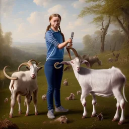 portrait Greta Thunberg milking a GOAT