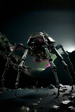 I want an image of a eight legged mechanical walker scaling a very steep rocky side of mout everest at night, it has a smooth surface, it has storage pods on its belly human can fit in the pods