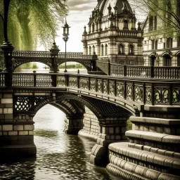 A classic stone bridge reminiscent of London Bridge spans a gentle flowing river. Ornate details adorn the elegant structure, complemented by vintage iron railings and lampposts. The scene harmoniously combines historic charm with the modern energy of the city, offering a serene yet lively backdrop for your photos.