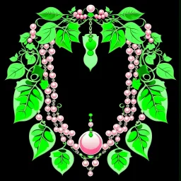 Create an Artwork of a Mirror with ivy branches and pearls necklace, Like a creative Logo for a Varasity Jacket to put a random number uin it, Vector illustration. Colors should be pink and green