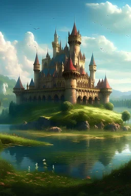fantasy aesthetic castle surrounded by water beautiful scenery andlarge feild
