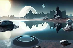 Alien landscape with one grey exoplanet in the horizon, pond, water reflection, rocky landscape, sci-fi