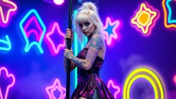 a beauty woman with full body neon tattooes with ultra white hair wearing an short unique dress; looking at camera and dancing on stage, holding one pole. She appears to be a performer, possibly a dancer, preparing to entertain an audience.blue, green, pink, yellow neon color nonfigurative shapes on walls, vibrant and deep colors, vibrant neon shapes, , Psychedelics vibe,, vertical lights, alternative punk-metal style atmospheric, smoke, high detalied, high realistic, photorealist