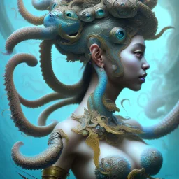 Sango fantasy, fantasy magic, intricate, sharp focus, illustration, highly detailed, digital painting, concept art, matte, art germ and Paul Lewin and Kehinde Wiley, masterpiece Japanese mermaid head bronze octopus' Asian African girl nice breast Thai hair turquoise silver blue under water