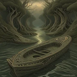 river styx, surreal meander style of john Stephens, eerie, smooth, trending on Artstation, 16k intricate detail, beautiful.