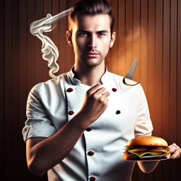 up close portrait of handsome man with smoking and golden watch, behind him another chef in front dark wooden wall, huge tasty burger, shiny fork and knifes on dinner table with cloth, fantasy art book cover