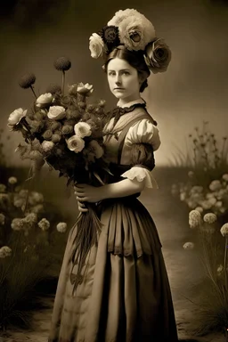 young woman, with popular 19th century style blouse and skirt, thin black bow under the neck of the blouse, huge bouquet of flowers on her head, full body, in a 16K wasteland, toned in sepia, estilo Bansky, profile view