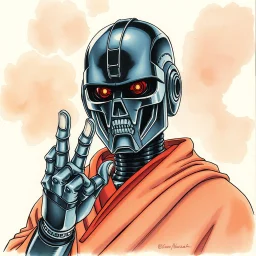retro anime style, full color, dark serious 1980s anime terminator like robot, moebius artist, magic, watercolor, buddist monk robe, 4 fingers