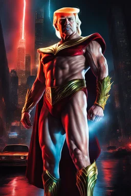 chiaroscuro, deep shadows, masterpiece, rich deep colors, highly detailed, Extremely Muscular, Donald Trump as 'Maga Man,' the greatest superhero in history, Extremely Muscular, overly exaggerated muscles, Skintight, formfitting red bodysuit, blue cape, silver boots, Multicolored vortex, multicolored lightning, neon lit futuristic cityscape, mist, fog, speed, extremely overexaggerated musculature, "MAGA MAN"