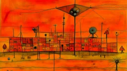 An orange colored secret spy base with cybernetic flies painted by Paul Klee
