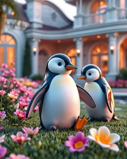 Generate image: Generate image: Generate image: A macro 3D render of a cute, lovely Penguins,made of tranceparent , glossy,colored jellatin. is landing in yard of a luxury villa next to flowers ,subsurface scattering and gelatinous texture . High-quality CGI, octane render, 8k resolution, whimsical, adorable, clean composition. long shot ,4:3
