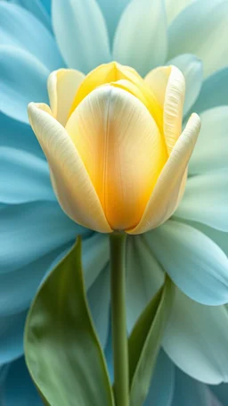 Yellow Rose in crystal vest, The background should be composed of blue petals that gradually transition to a creamy butter-colored center, with the petal tips delicately tinted in a noble, pale blue. The transitions between colors should be seamless and smooth, with no sharp edges, giving the petals an ethereal, veil-like, silky appearance. Focus on capturing the soft texture and gentle flow of the tulip petals, creating a dreamy and elega