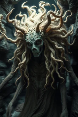 fluffy hair covered, søt som fy Medusa, en god og snill og flink og veldig søt og hårete som en hippie , humanoid skapning fra universet, de regjerer ofte i underjordiske byer . ser på seg selv som overlegne , abyss city, motion blur, painted by Giger