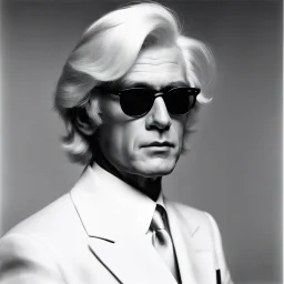 [shades of white and gradient of grays hairstyle] Andy Warhol, the legendary artist known for his iconic silver-white hair and avant-garde style. His distinctive hairstyle became a symbol of his artistic persona. A colour high res photo by Helmut Newton in his atelier in front of a white monochrome