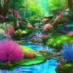 bright enchanted forest, blue lake,delicate flowers, pink tree, Swarosvsky crystals, cascades, full of details, smooth, bright sunshine，soft light atmosphere, light effect，vaporwave colorful, fantasy art, smooth, extremely sharp detail, finely tuned detail, ultra high definition, 8 k, unreal engine 5, ultra sharp focus