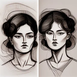 <https://s.mj.run/PrAtlEsO-1M> a drawing of two women's sketched on paper, in the style of quirky expressions, rusticcore, chiaroscuro sketches, yosuke ueno, rough clusters, close up, comical caricatures