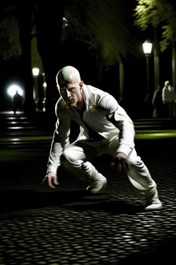 Action photo of a young albino male vampire lunging from the shadows at an athletic male jogger in a park at night by Annie Leibovitz by Hebert List