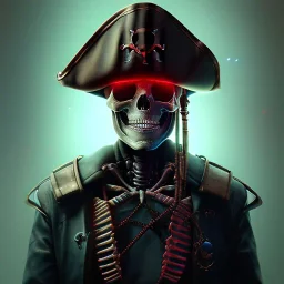 a cyberpunk hacker pirate captain skeleton with a pirate hat sitting in front of a huge old crt monitor in a dark room, only light coming from crt monitor, highly detailed, intricate, digital art, trending on artstation, trending on cgsociety, by greg rutkowski