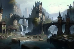 gothic town with waterfall, bridges, people, next to lake, rocks