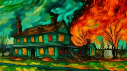 A close-up view of a burning american suburban house and destroyed buildings in the colors of Van Gogh's paintings