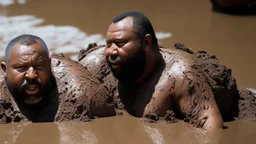 wide angle photography of two 55 years old marocan burly chubby mud men fighting in the mud, long hair, beards, manly chest, bullneck , photorealistic , view from the ground