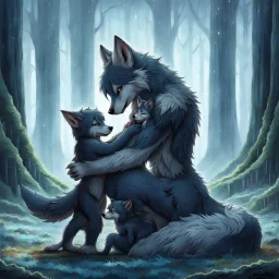 fantasy anime art from an gray bodyhair wolf female anthropomorphic wolf female hibrid kneeling hugs her two anthropomorphic wolf-kid hibrid child on field, in background tall trees wirh big trunks, rain, down on blue-green moss, hug each other , rainy day, high contrast, high detalied, atmospheric, fantasy, sci-fi mood