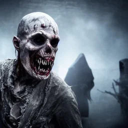 a phantom zombie wearing clothing that is in rags, volumetric lighting, game of thrones, deadly, terrible, worst nightmare, razor sharp teeth, haunted house background, lightning cracking behind, dark fantasy