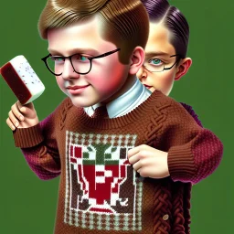 peter billingsley chubby kid with glasses, holding a single ((Dark red))soap bar, ((brown))argyle sweater