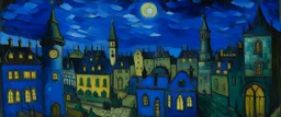 A blackish blue metropolis with chess piece buildings at night painted by Vincent van Gogh