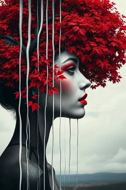 A surreal image tranaparan of a woman’s side profile merged with a tree, featuring vibrant red and orange foliage. The woman's face is predominantly gray with bold red accents on her cheeks and lips. Vertical white and gray lines cascade down from her hair, resembling branches or drips, blending artfully into the natural elements around her. The background is softly muted, hinting at a cloudy sky and distant landscape.