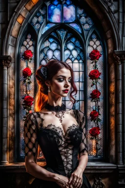 A beautiful woman in front of a watercolor drawing gothic window, black lace, pearls, black roses, on a black background, Trending on Artstation ::{creative commons}:: I:: Color Grading:: Filmic, Nikon D750, Brenizer Method, Perspective, Depth of Field, F/2.8, Lens Flare, Tonal Colors, 8K, Full-HD, ProPhoto RGB, Perfectionism, Rim Lighting, Natural Lighting, Soft Lig, a pretty woman non front of it