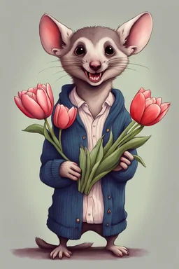 Hissing possum with wearing cardigan holding a bouquet of tulips cute art