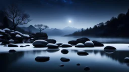 A serene night winter scene . Rocks delicately balanced atop each other in the water form a minimalist, tranquil composition. This image exudes a powerful zen atmosphere, with its soft and natural background. It encapsulates the essence of environmental art and invites meditation in a zen garden or temple,dramatic scene